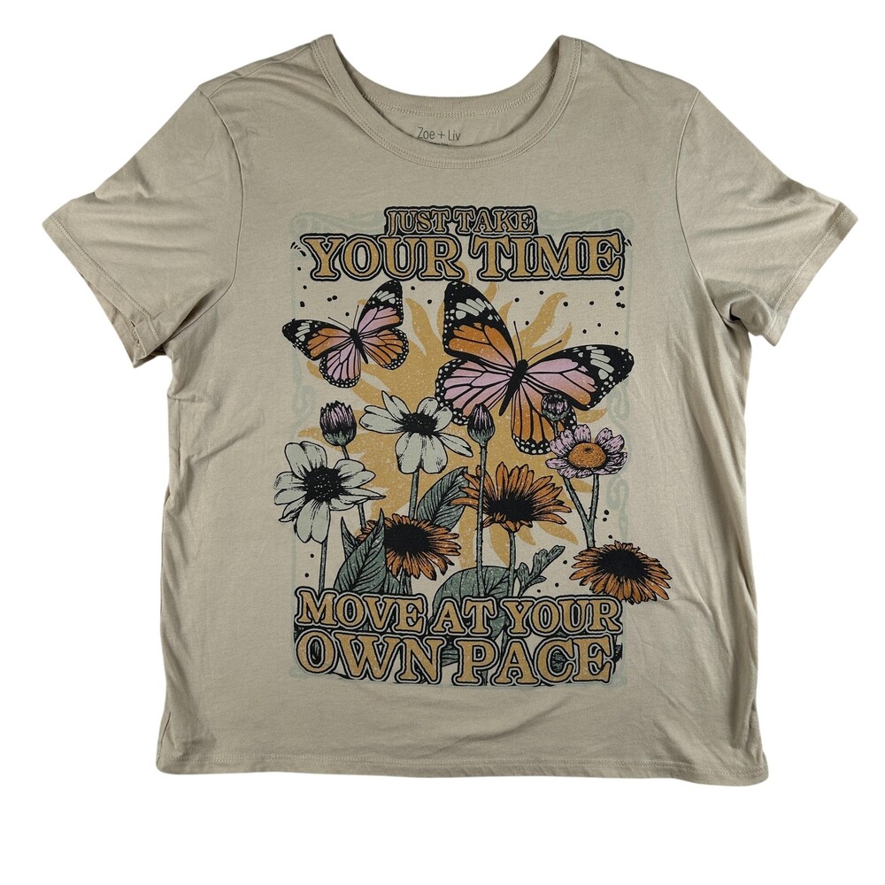 Zoe + Liv Shirt Womens Large Beige Butterfly Graphic Tee T-Shirt Inspirational